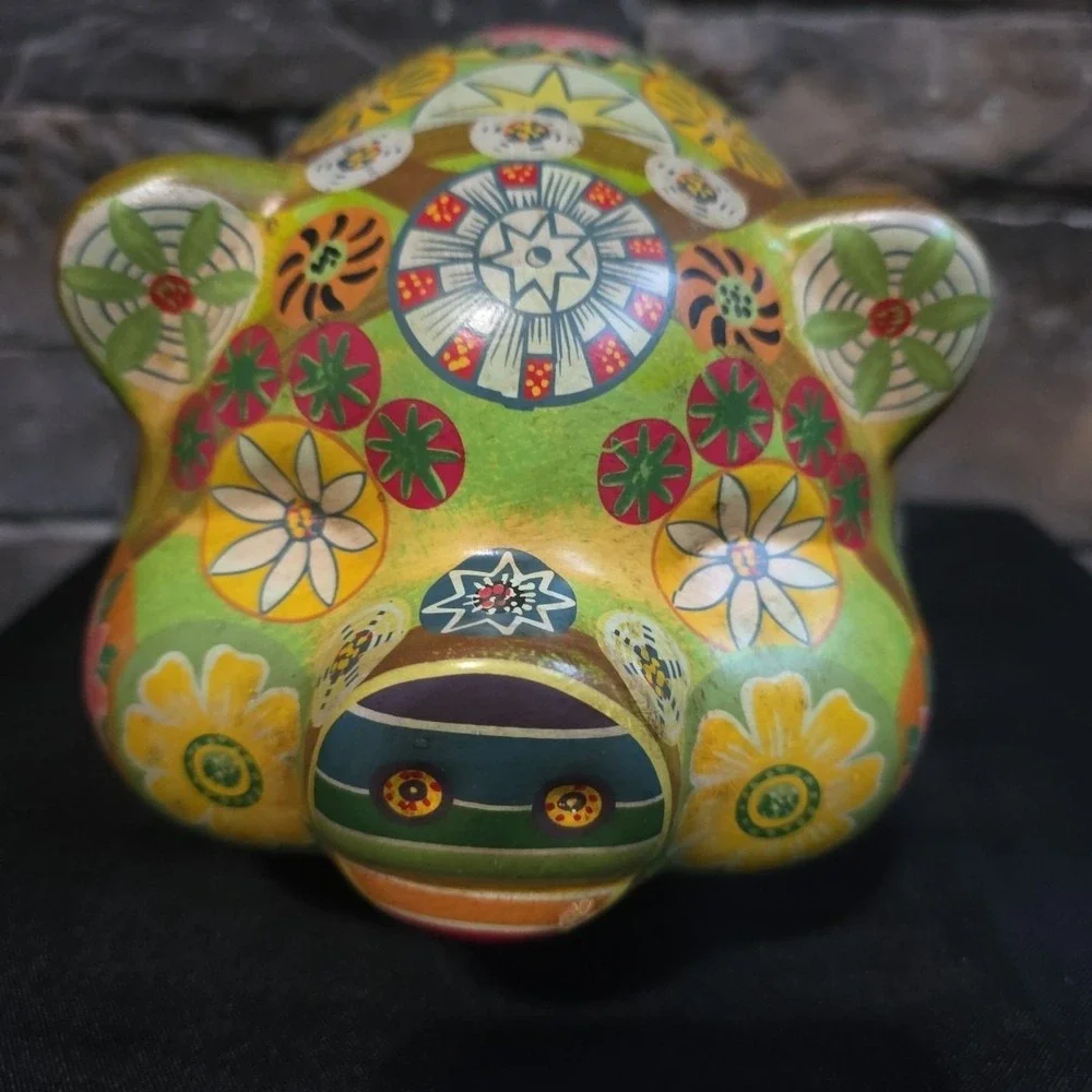 Vintage Pottery Piggy Bank Hippie Retro Flower Art